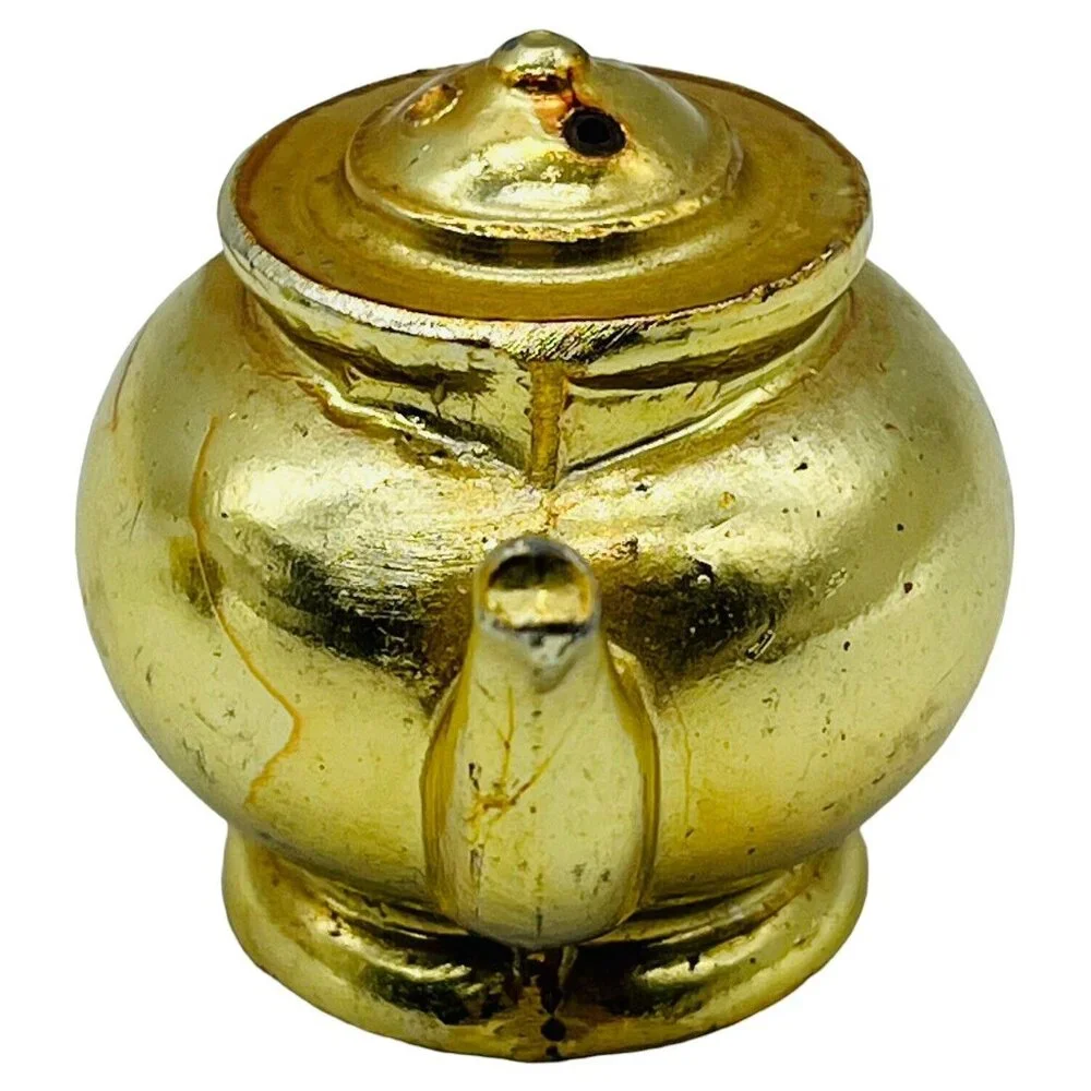 Vintage Tea Pot‎ Belly Stove Salt Pepper Shakers Gold Tone Metal